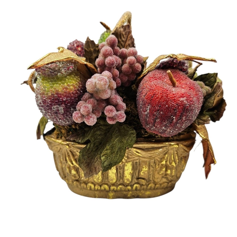Vintage Faux Fruit Basket Floral Arrangement Gold Accent Home Decor